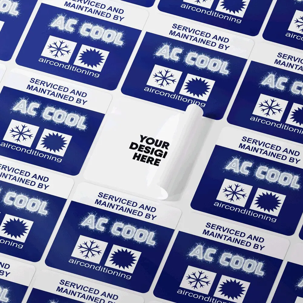 Sheet of rounded-corner rectangular stickers with one peeled to show Your Design Here