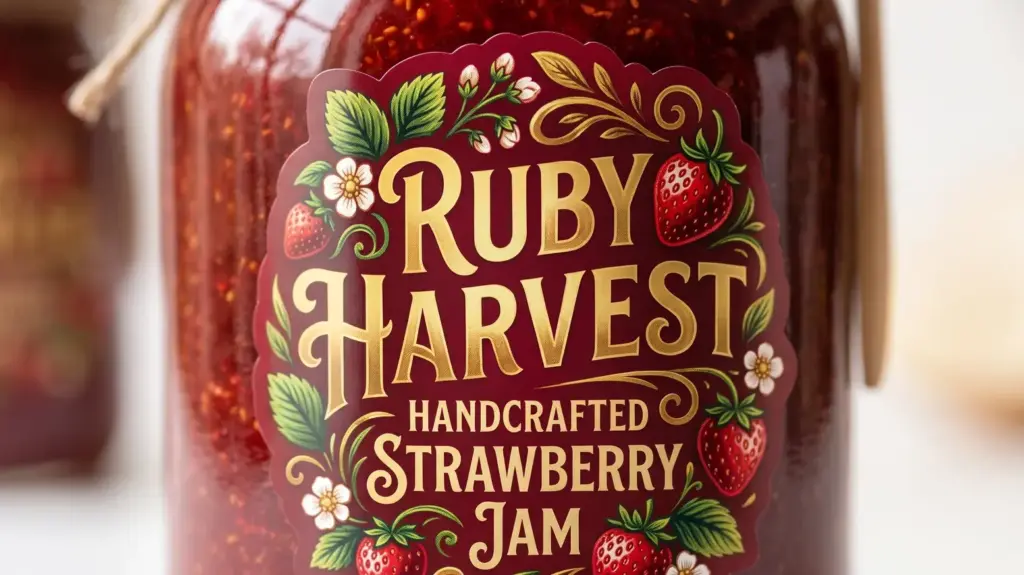 Gloss finish vinyl label on a strawberry jam jar