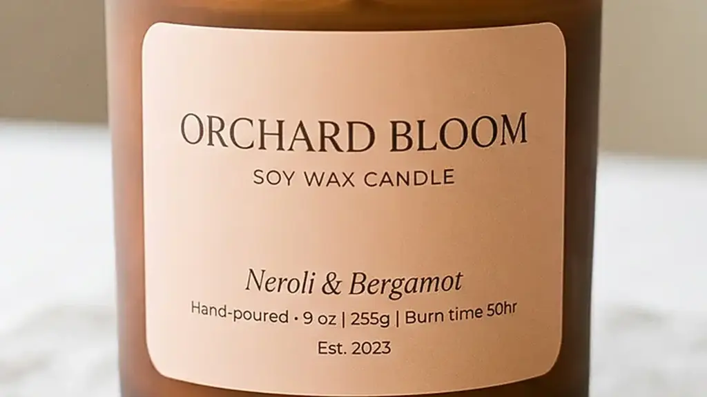 Matte finish vinyl label on an amber soy wax candle jar