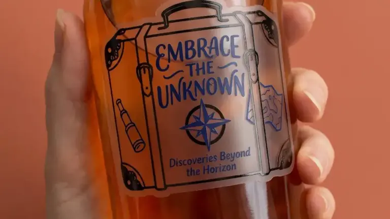 Clear printed vinyl label wrapped on an amber glass bottle held in hand