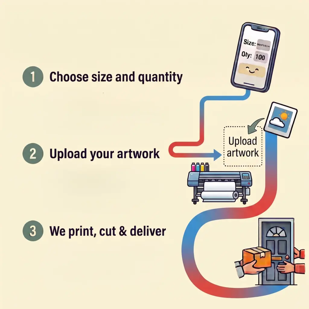 Three step order process: choose size and quantity, upload artwork, then we print, cut and deliver
