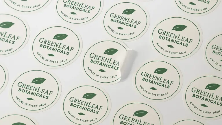 Sheet of round matte product labels with one label peeling up from the backing